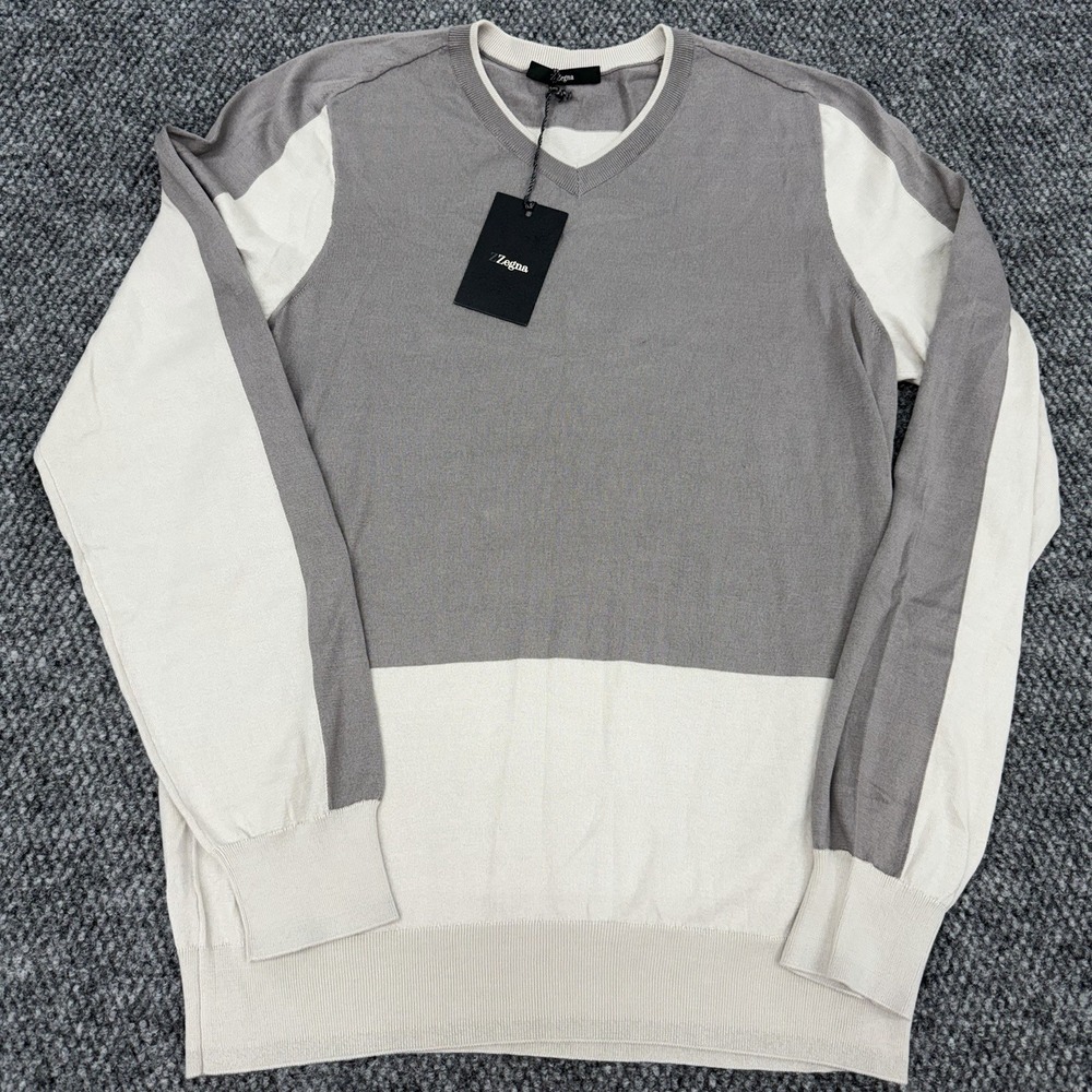 Z Zegna Men's Large Beige Gray Knit Wool V-Neck Sweater Jumper